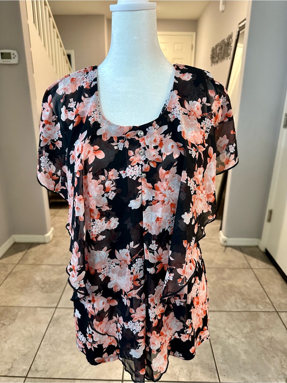 Bundle 4/$25 Floral Layered Blouse - Black with Peach Floral